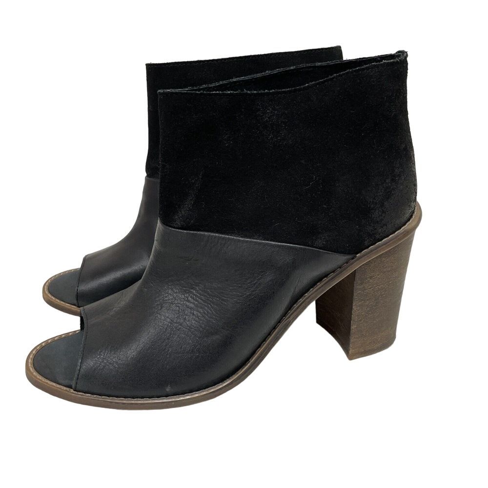 MTNG Ankle Boots Womens US 7.5 Black Leather Suede Peep Toe 38 Stacked Heel‎